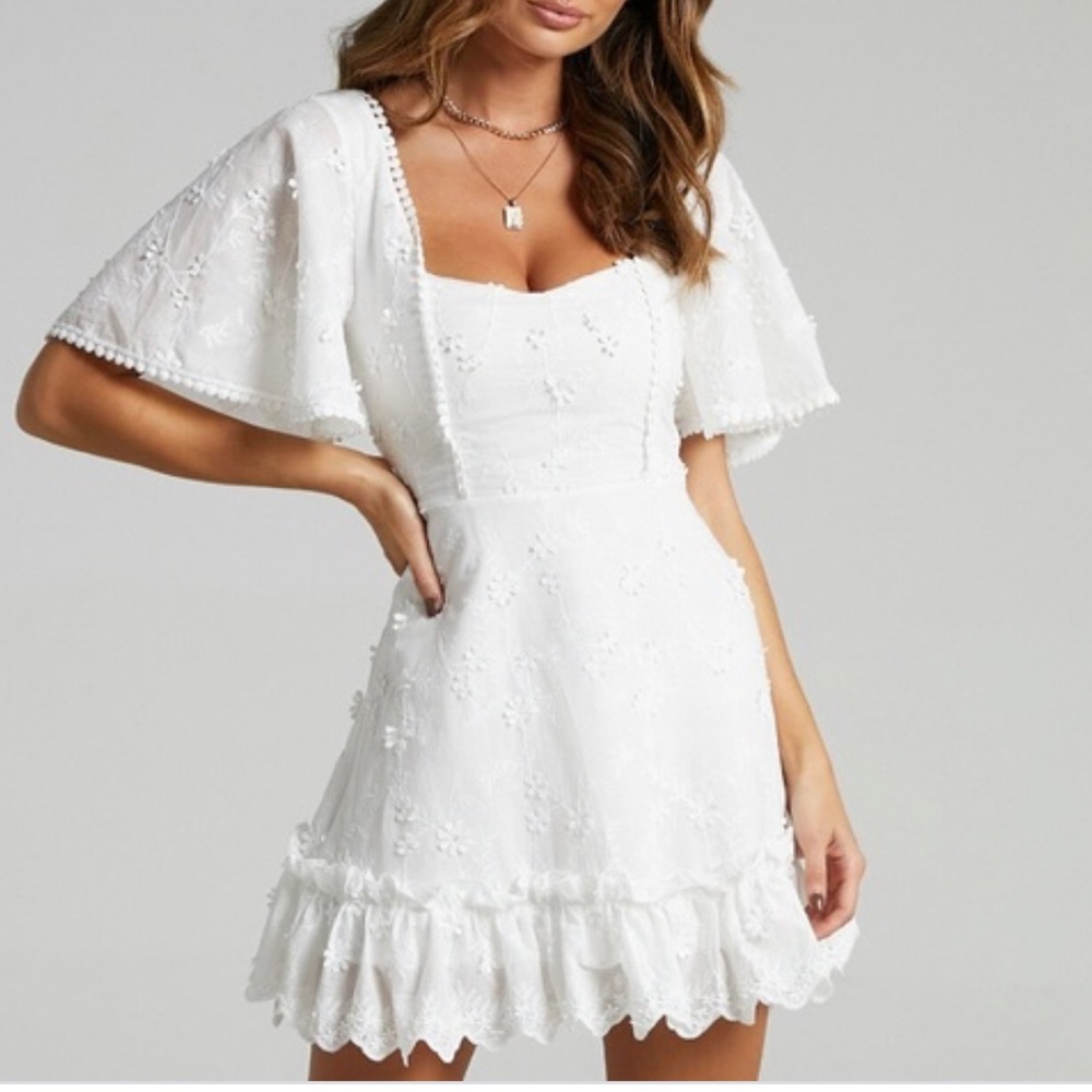 SHOWPO FANCY A SPRITZ SQUARE NECK MINI DRESS IN WHITE EMBROIDERY